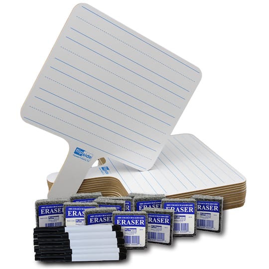 Flipside Products 18123 Rectangular Lined Double Sided Dry Erase Answer Paddle Plus Pens Plus Erasers - Pack of 12